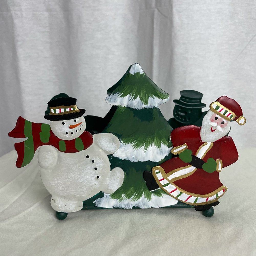 Vintage Christmas Metal Napkin or Mail Holder – Santa & Snowman Holiday Decor